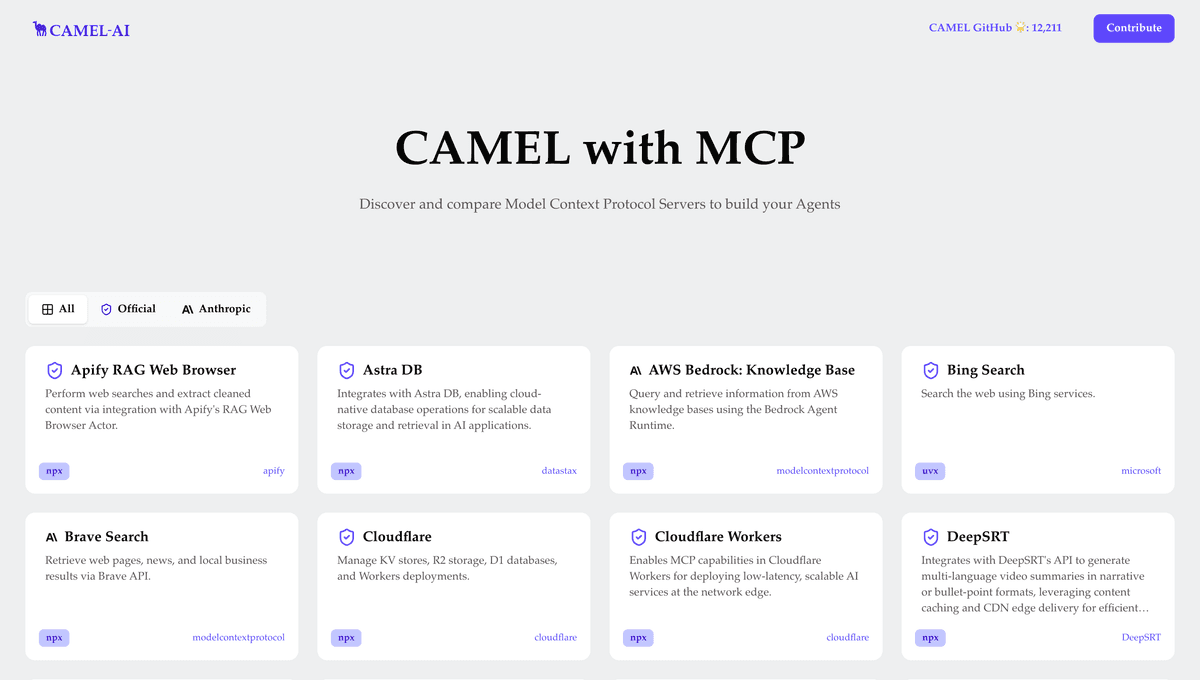 CAMEL-AI MCP discovery page listing server cards
