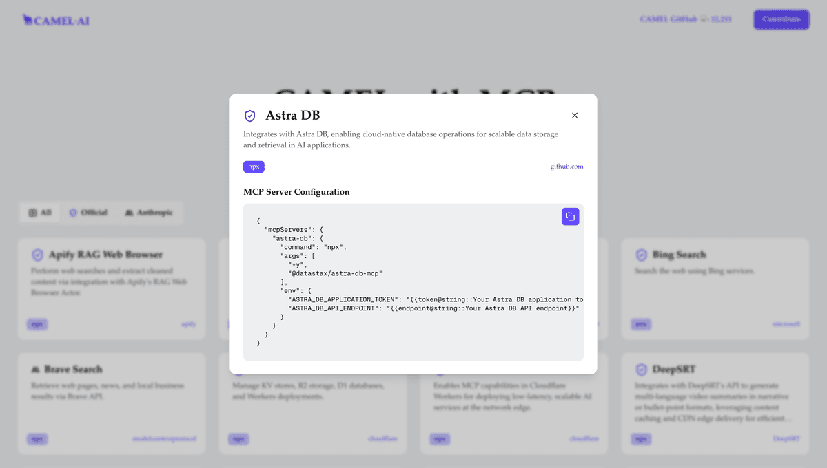 Astra DB MCP server configuration JSON in a modal