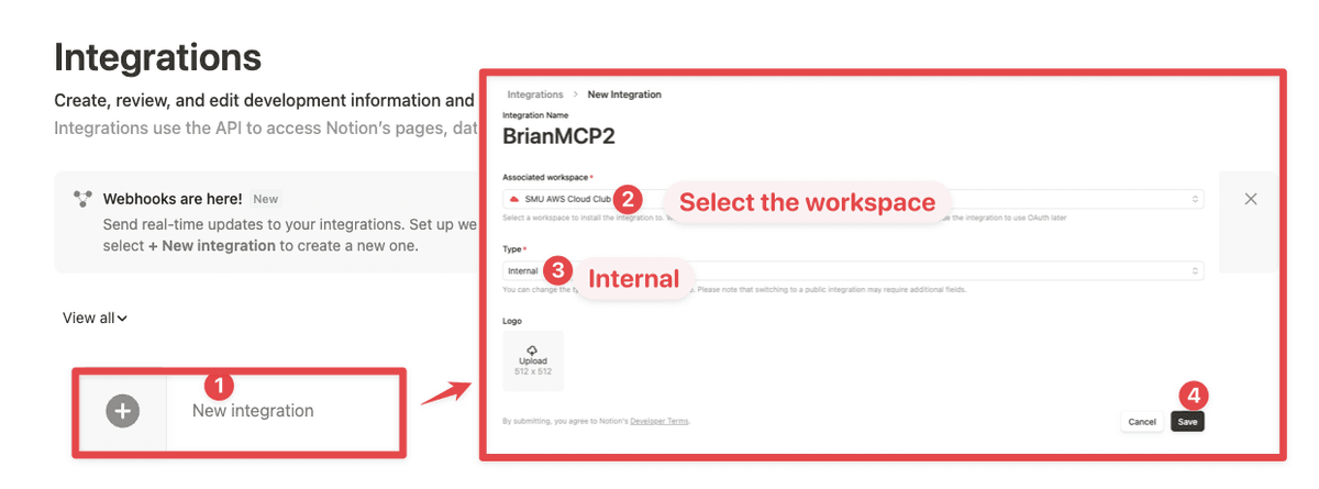 Notion interface showing the 'New Integration' form with fields for integration name, associated workspace, and type for MCP server