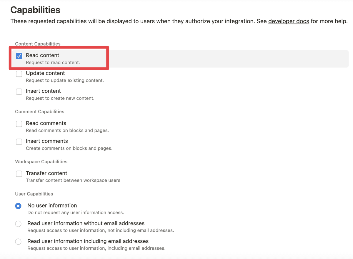 Notion settings page highlighting the 'Read content' capability selected for the integration.