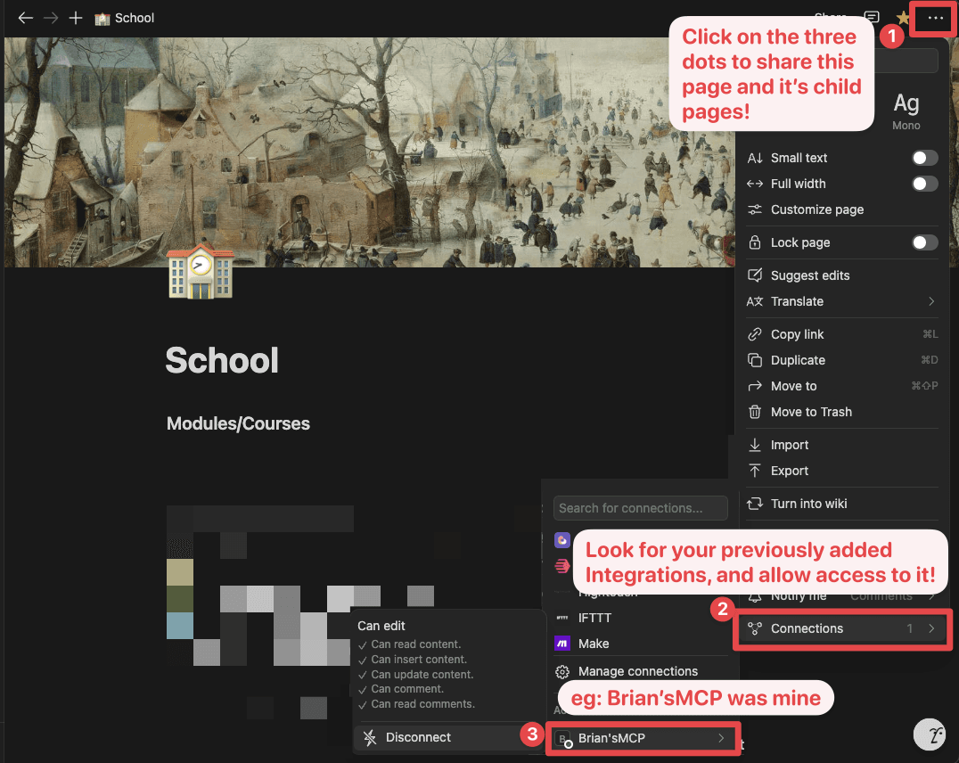Notion page settings showing the 'Connections' section with the Brian'sMCP integration added.