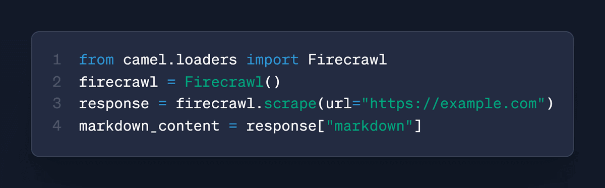 Python snippet showing Firecrawl extracting and converting website content to markdown using CAMEL loaders
