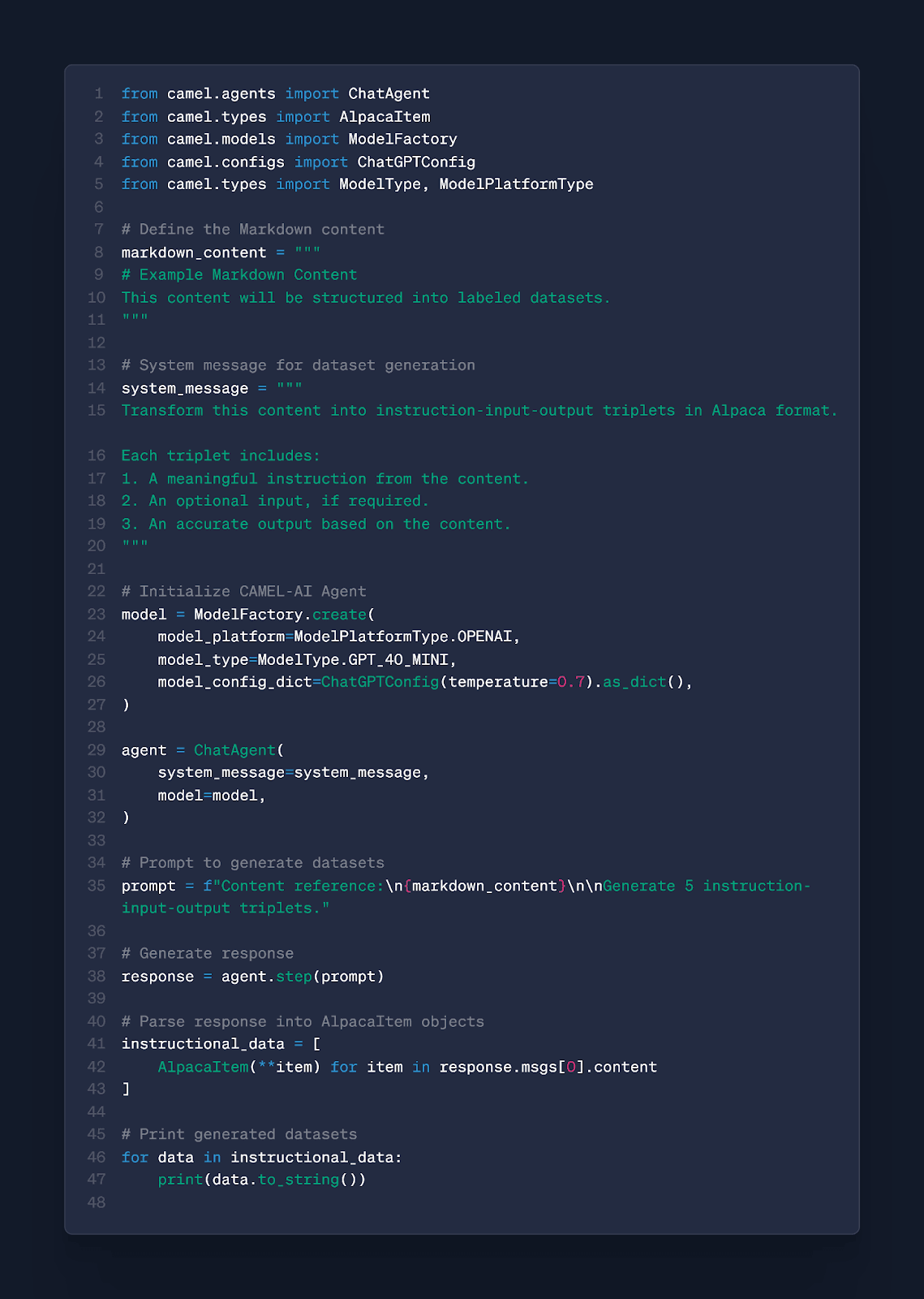 Full Python script demonstrating dataset generation with CAMEL-AI using markdown input and Alpaca format output