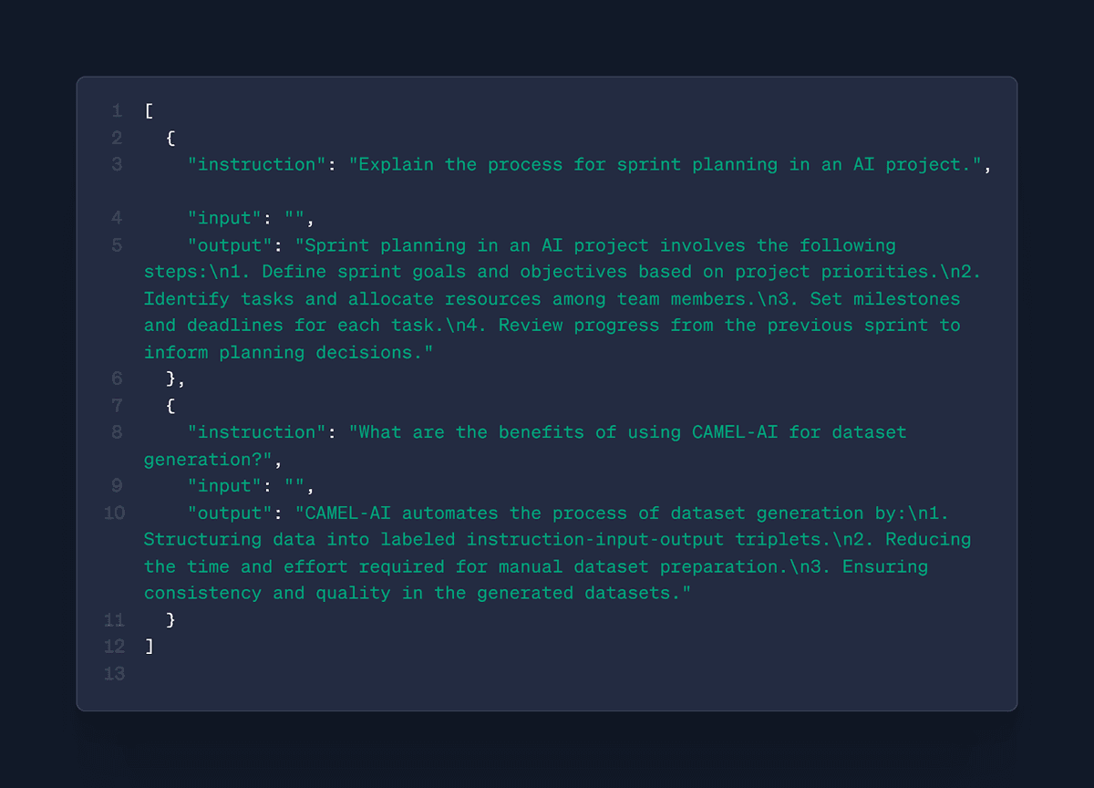 JSON output showing instruction, input, and output fields for supervised fine-tuning