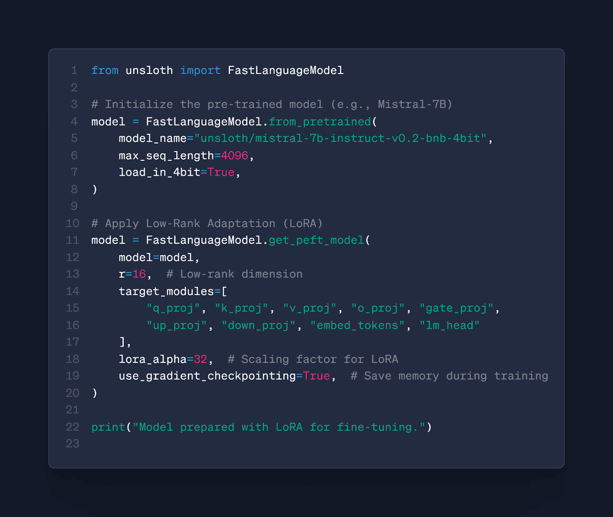 Python code applying LoRA adaptation to a pre-trained model using Unsloth