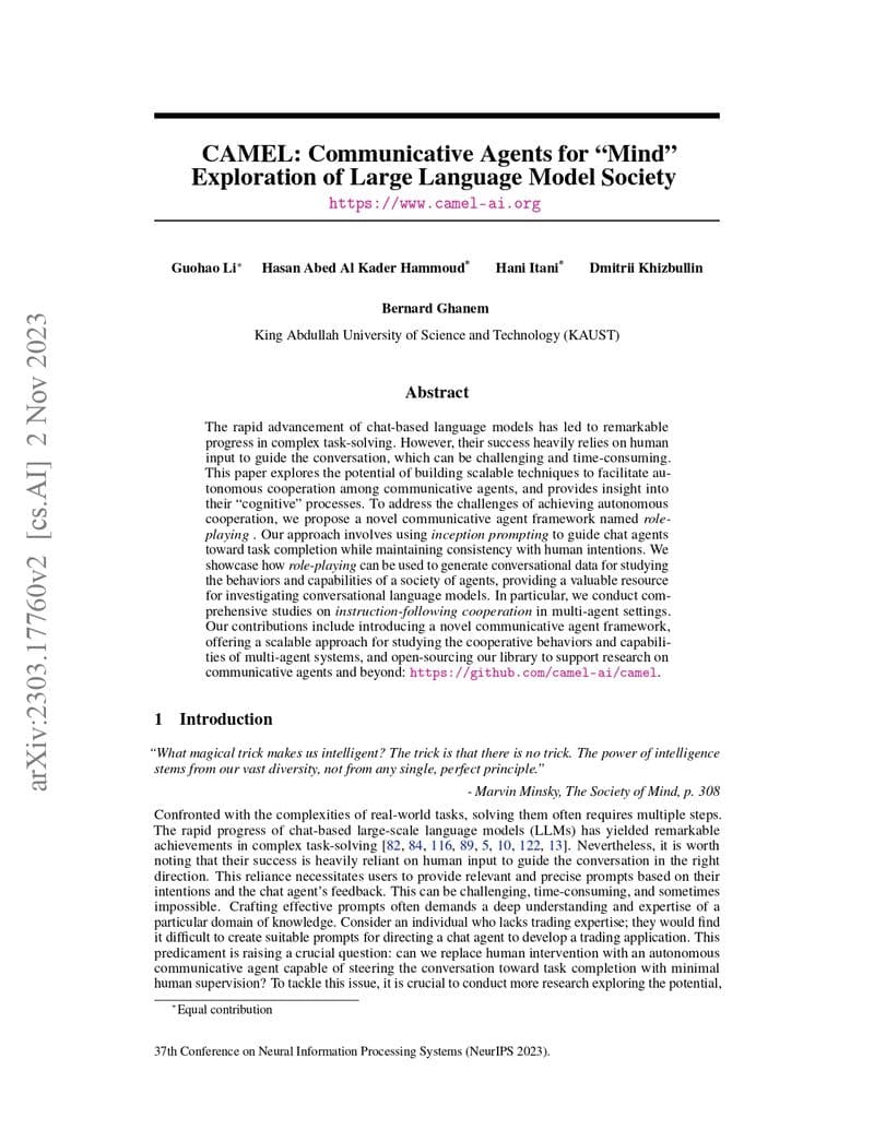 CAMEL: Communicative Agents for "Mind" Exploration of Large Language Model Society